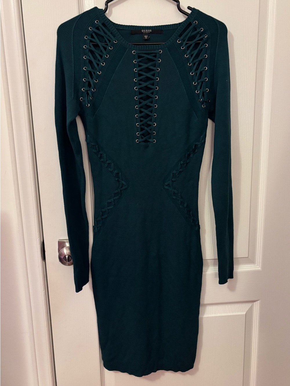 GUESS Teal Lace-Up Long Sleeve Bodycon Dress